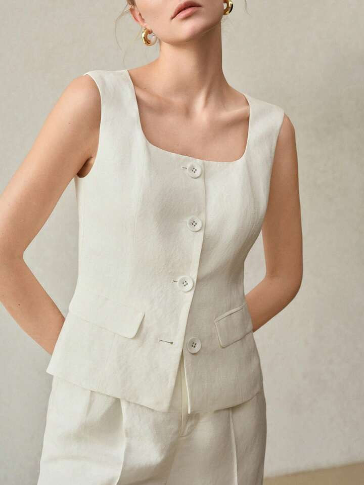 MOTF PREMIUM LINEN BUTTON UP SLEEVELESS WAISTCOAT | SHEIN