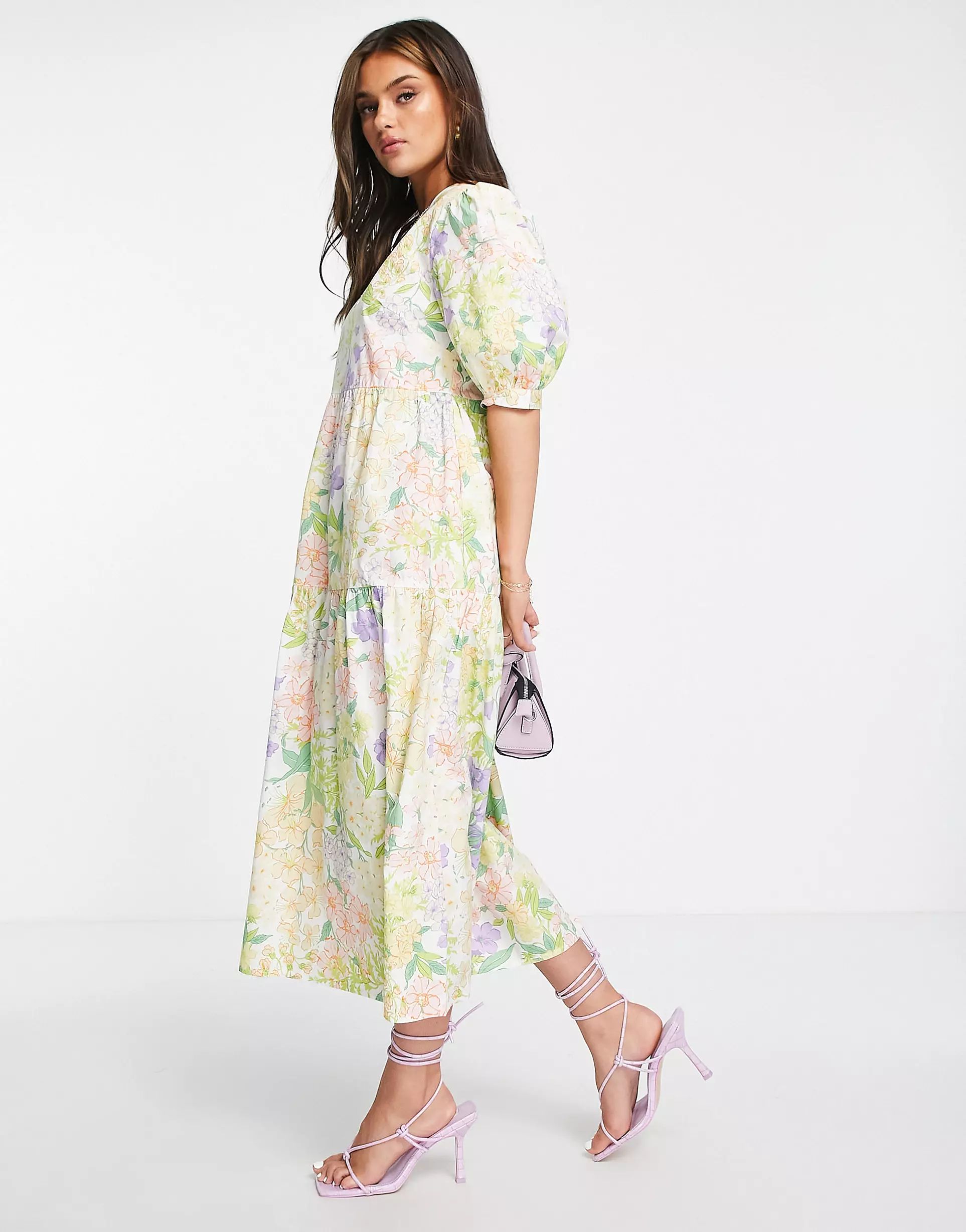 Nobody's Child Rochelle tiered floral print dress in cream | ASOS (Global)
