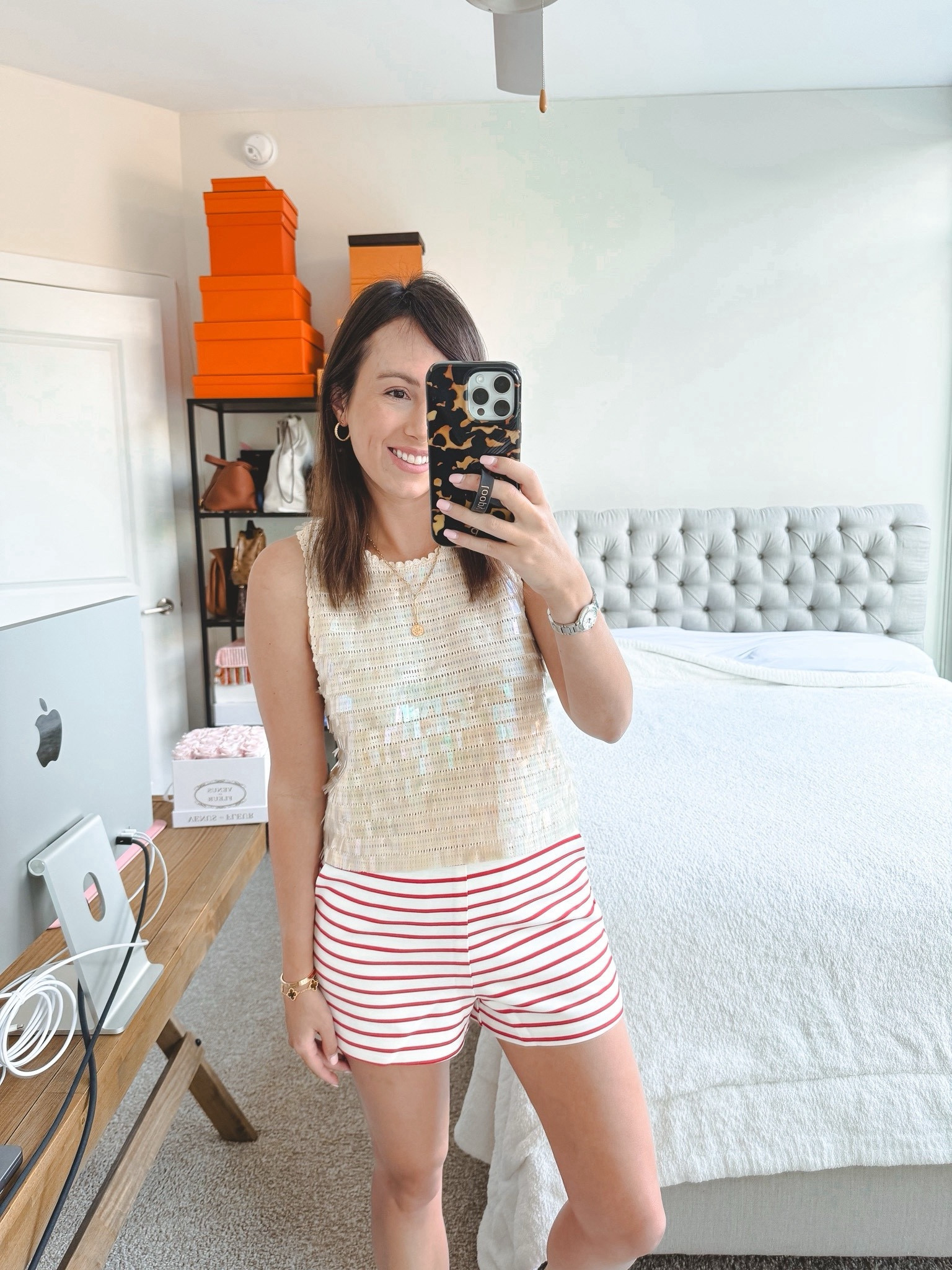 Red stripe shorts in size small with j crew tank in xs  



#LTKFindsUnder100 #LTKSeasonal #LTKStyleTip