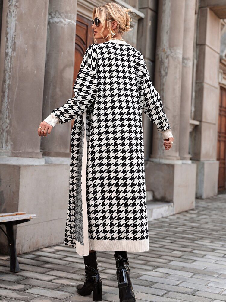 Houndstooth Pattern Belted Sleeveless Sweater Dress With Cardigan | SHEIN