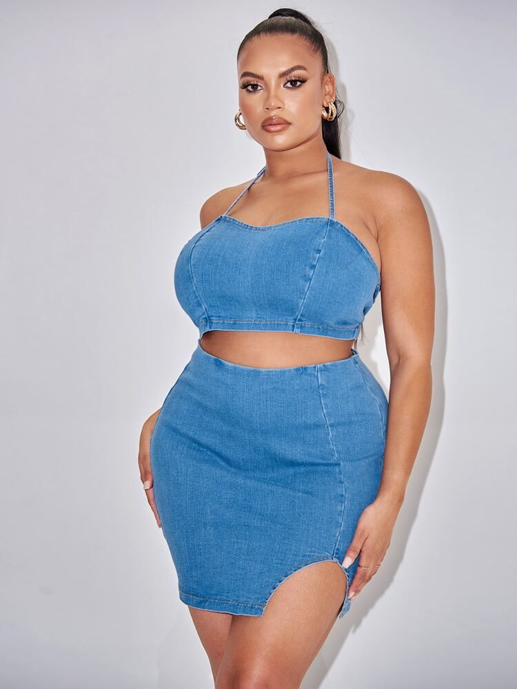 SHEIN SXY Plus Crop Halter Denim Top & Skirt Set | SHEIN