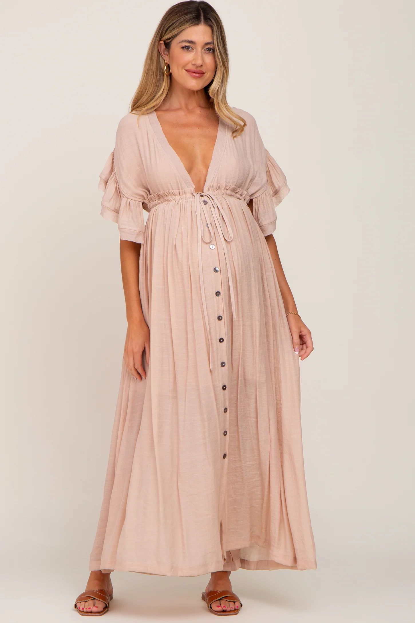 Light Pink Deep V-Neck Button Down Maternity Maxi Dress | PinkBlush Maternity