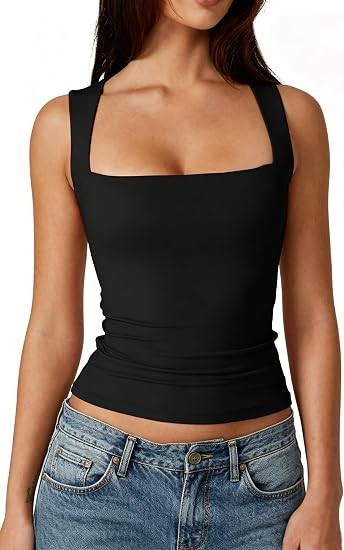 QINSEN Women's Square Neck Sleeveless Double-Layer Tank Tops Basic Tight T Shirts | Amazon (US)