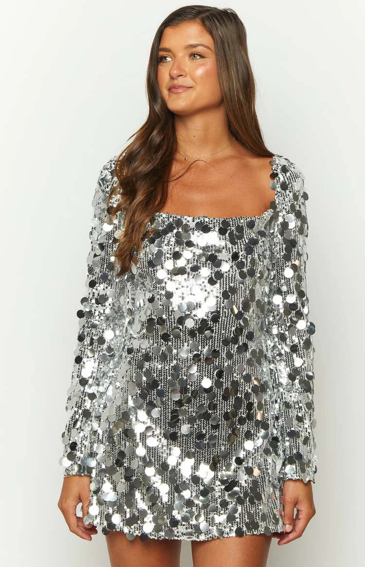 Marienne Silver Sequin Long Sleeve Mini Dress | Beginning Boutique (US)