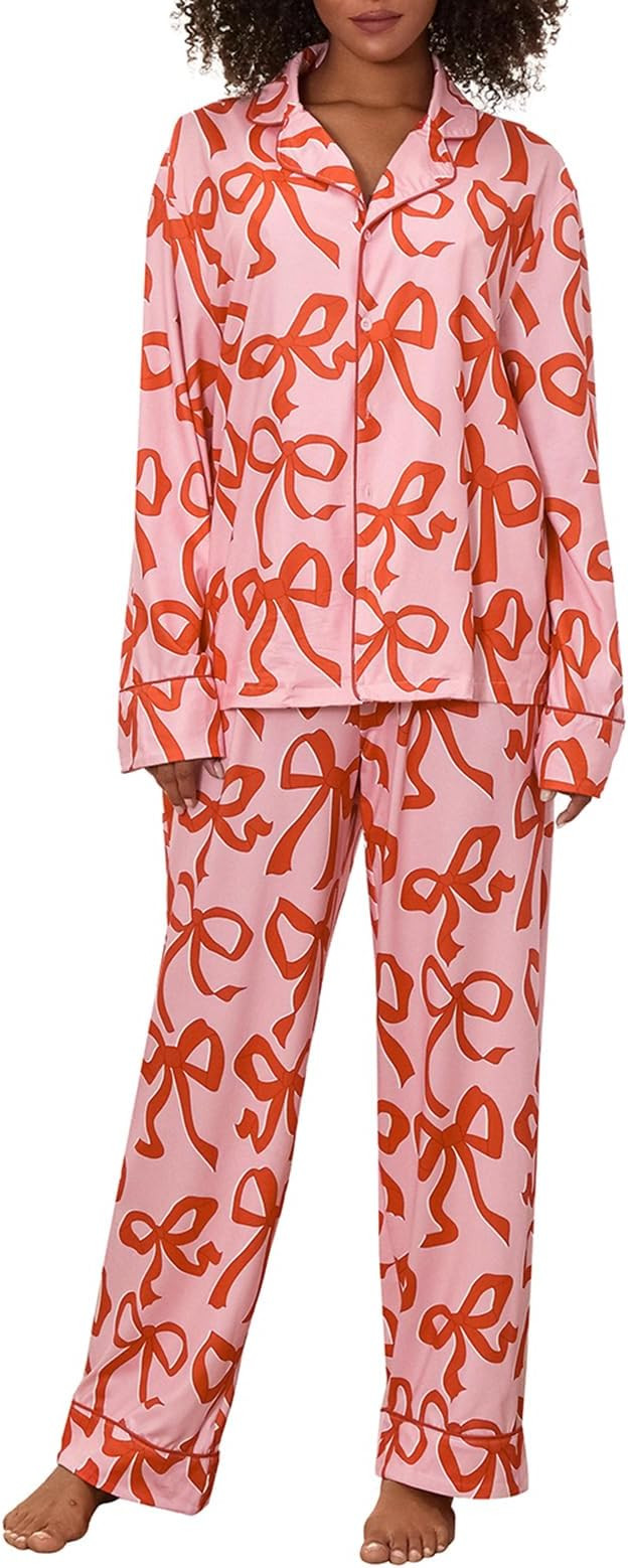Argeousgor Women Valentine's Day Silk Satin Pajamas Set Button Down Shirt Pants Cute Heart Print ... | Amazon (US)