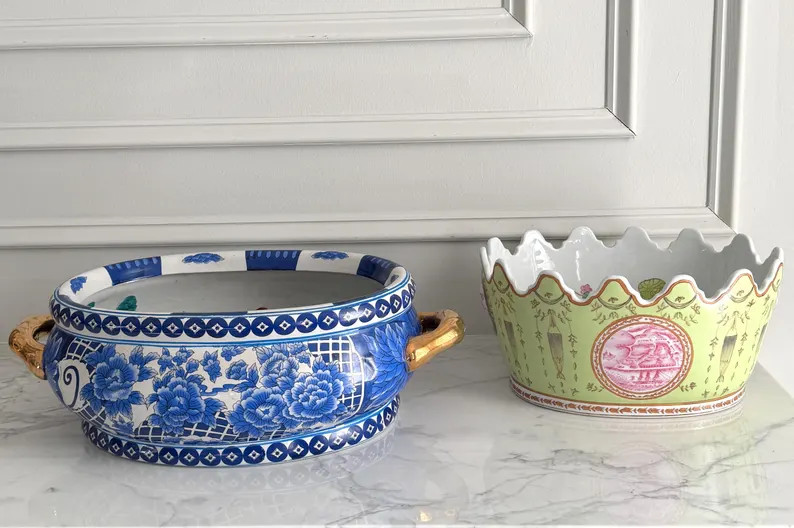 Porcelain Chinese Famille Verte Monteith Planter or Cooler 12x9.5x6" Tozai Home or Cobalt blue Fo... | Etsy (Global)