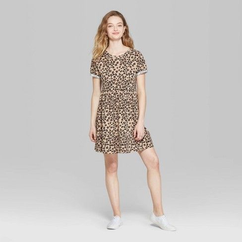 Women's Animal Print Short Sleeve Round Neck Knit Babydoll Dress - Wild Fable™ Pearl | Target