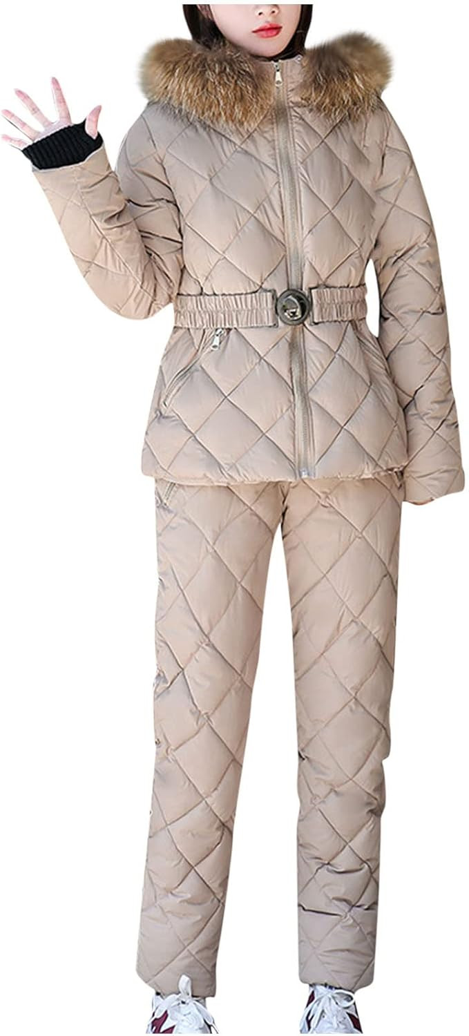 Womens Snow Suits Ski 2 Piece Sets Fur Hooded Quilted Jacket and Warm Jogger Pants Snowboarding C... | Amazon (US)