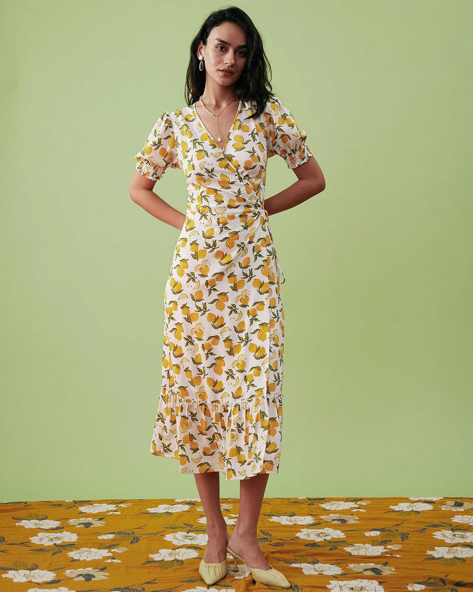 The Orange Fruit Print Wrap Midi Dress & Reviews - Orange - Dresses | RIHOAS | rihoas.com