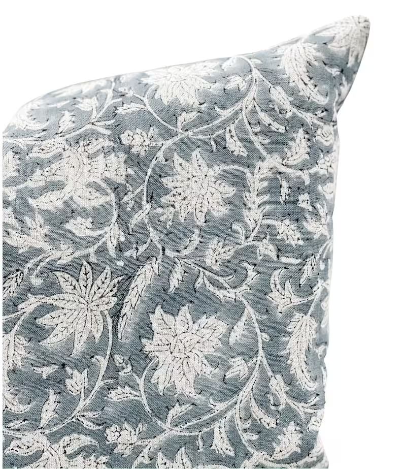 Designer Floral Grey-Blue on Natural Linen Pillow Cover, Grey Pillow cover, Boho Pillow, Decorati... | Etsy (US)
