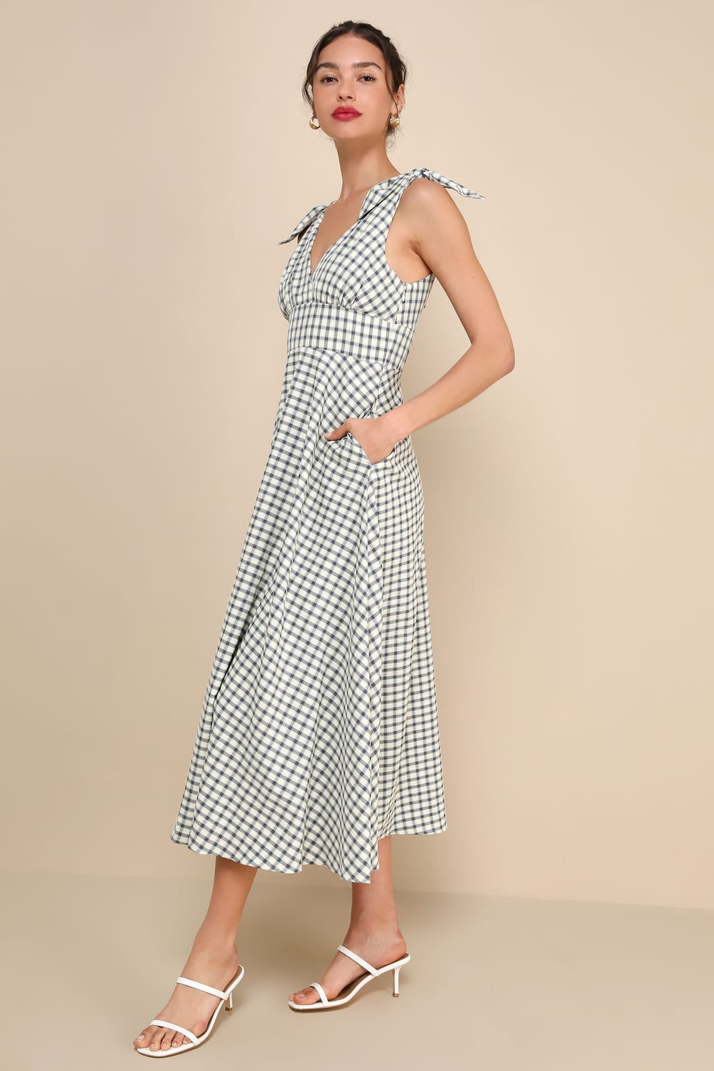 Sweetest Posture Navy and Cream Gingham Midi Dress With Pockets | Lulus
