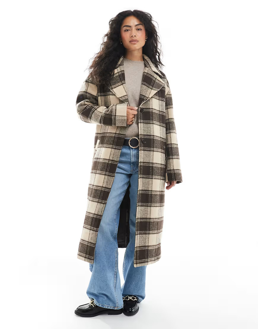 Wednesday's Girl brushed plaid longline coat in brown | ASOS (Global)