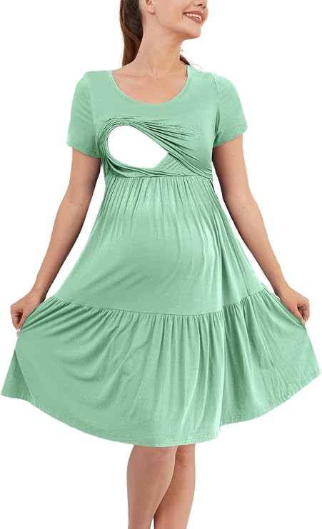 PARNIXS Women's Summer Nursing Dress Short Sleeve Maternity Knee Length Breastfeeding Dress | Amazon (US)
