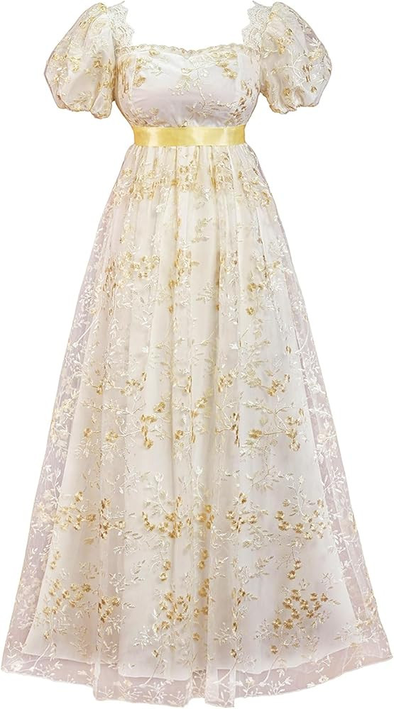 Regency Dresses for Women 1800s Elegant Embroidery Empire Waist Dress | Amazon (US)