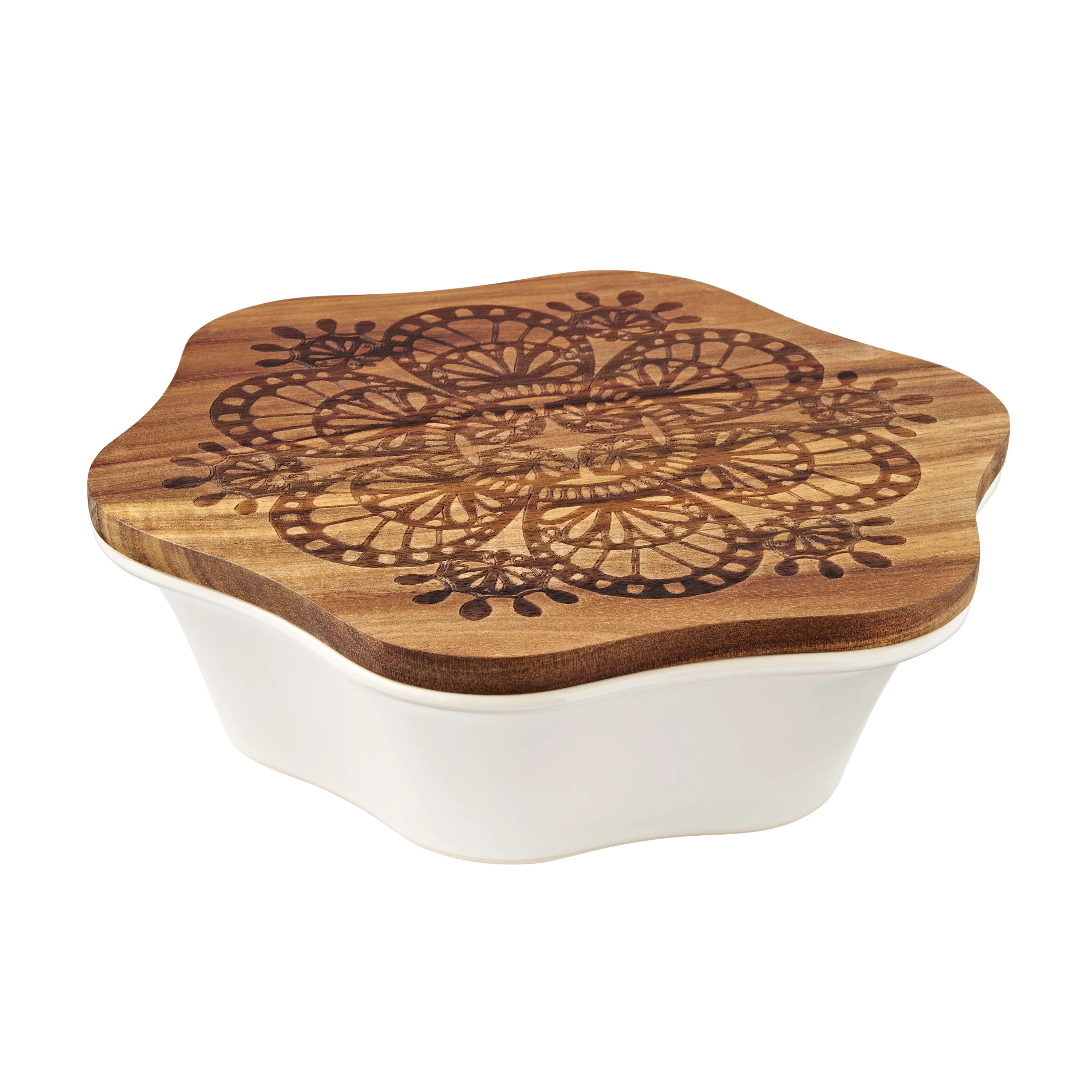 The Pioneer Woman 9-Inch Snowflake Stoneware Baker with Wood Lid, White | Walmart (US)