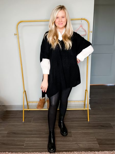 Holiday outfit! Easy black and white styled look to look very chic for work or holiday parties! 
Faux leather leggings 
Poncho
Sweater shawl
Thanksgiving outfit 
White button up
Workwear
Chelsea boots 
Leather leggings 
Easy postpartum style 
Nursing friendly 
Postpartum look 
Maternity fashion 

#LTKHoliday #LTKSeasonal #LTKCyberweek