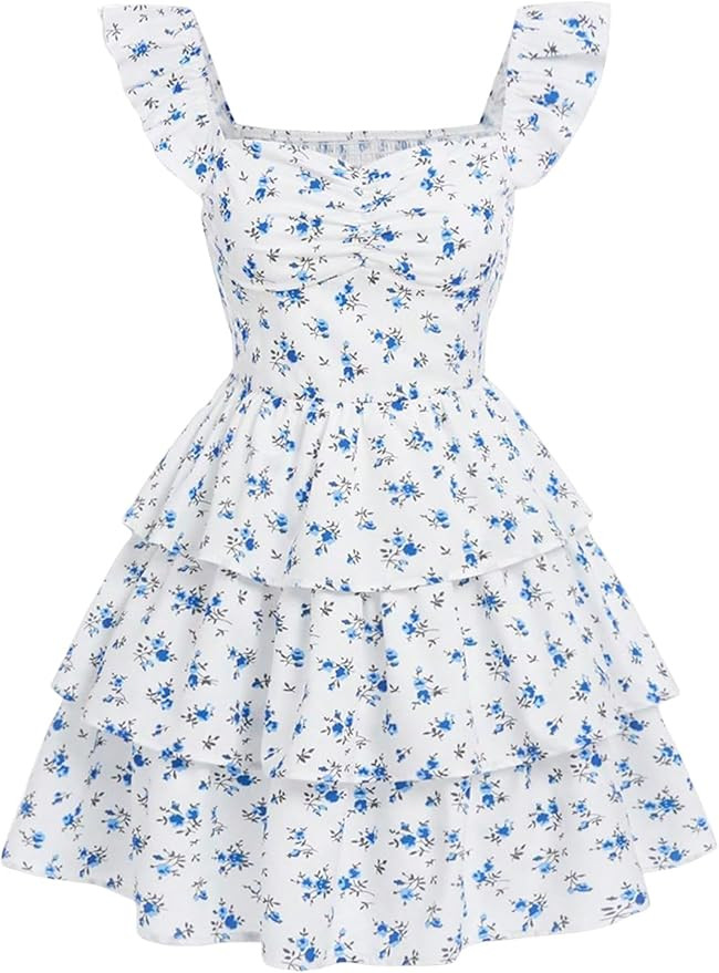 Girl's Floral Summer Dress Ruffle Shirred High Waist Ruched Sweetheart A Line Spring Dress | Amazon (US)