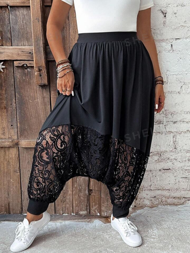 SHEIN LUNE Plus Size Loose Harem Pants With Lace Splicing Design At Hemline | SHEIN USA | SHEIN
