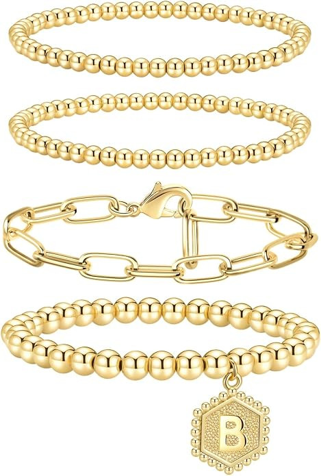 Gold Bracelets for Women, 14K Gold Plated Stackable Initial Beaded Bracelet with Letter Pendant W... | Amazon (US)