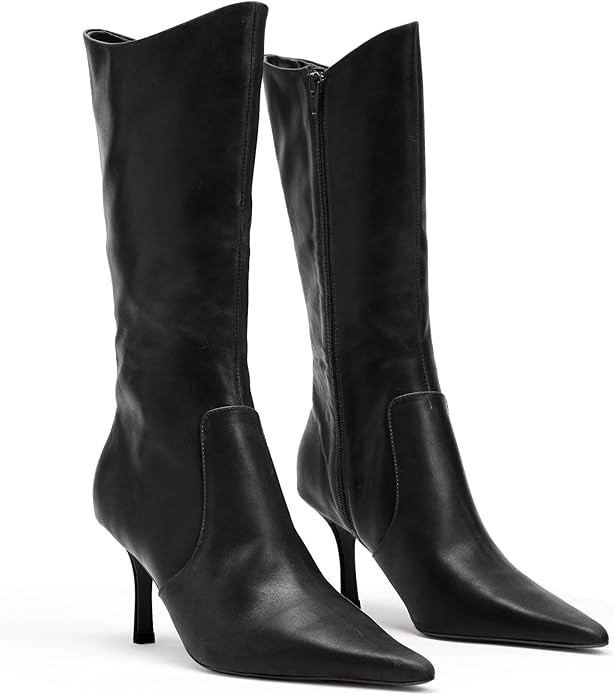 Coutgo Womens Mid Calf Boots Pointed Toe High Heel Long Boots Side Zipper Winter Dress Shoes | Amazon (US)