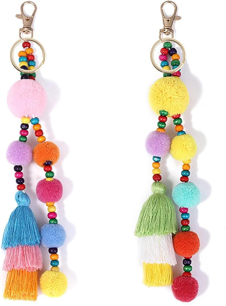 Colorful Keychains Boho Pom Pom Tassel Bag Decorations Charm Wristlet Bracelet Keyring for Women | Amazon (US)