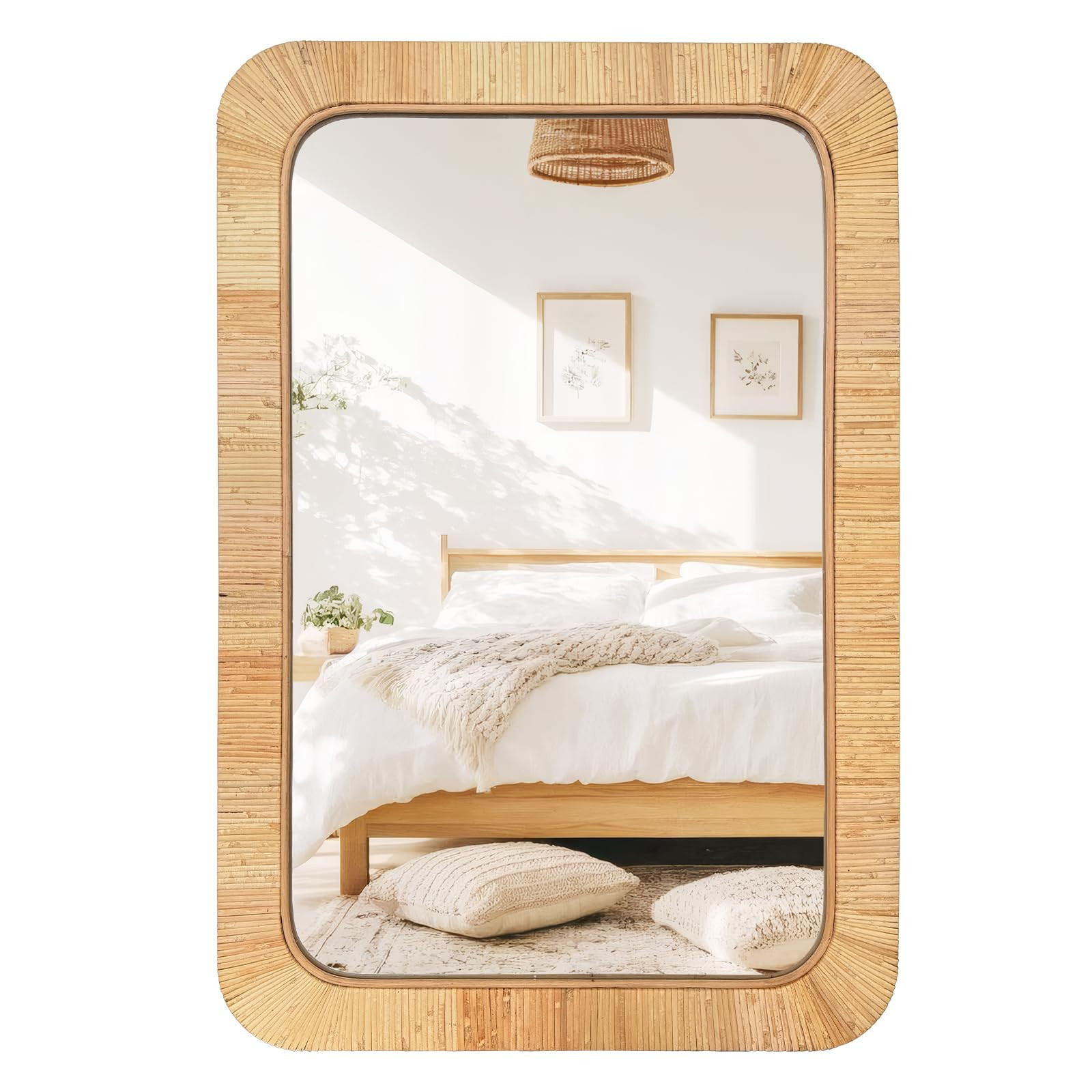 Rattan Rectangular Mirror 24x36, Boho Decorative Wall Mirror for Bathroom, Farmhouse Vanity Mirro... | Amazon (US)