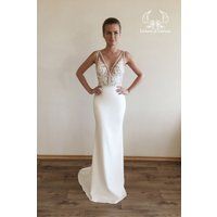 Simple Slinky Wedding Dress Mermaid Off-White, Lace Skinny Dress, Long White Reception Dresses, Trai | Etsy (US)