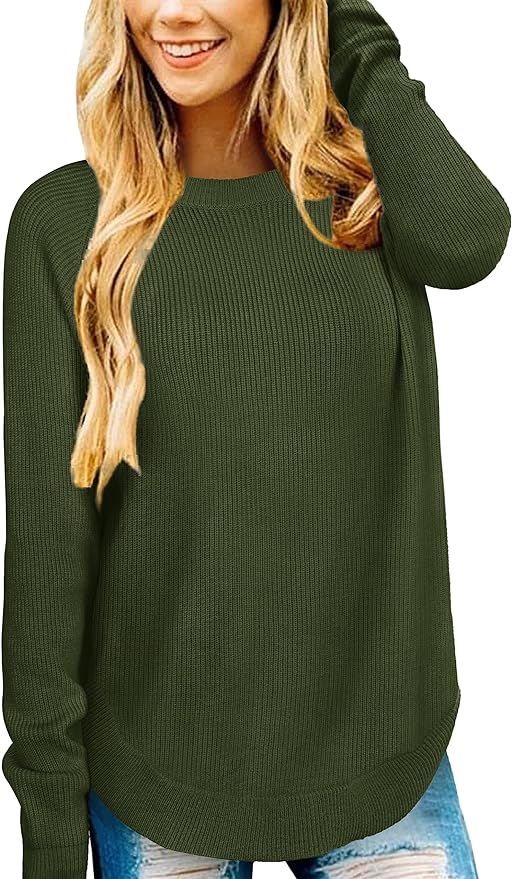 Jescakoo Womens Crew Neck Sweaters Long Sleeve Pullover Knitted Casual Comfy Jumper Tops | Amazon (US)