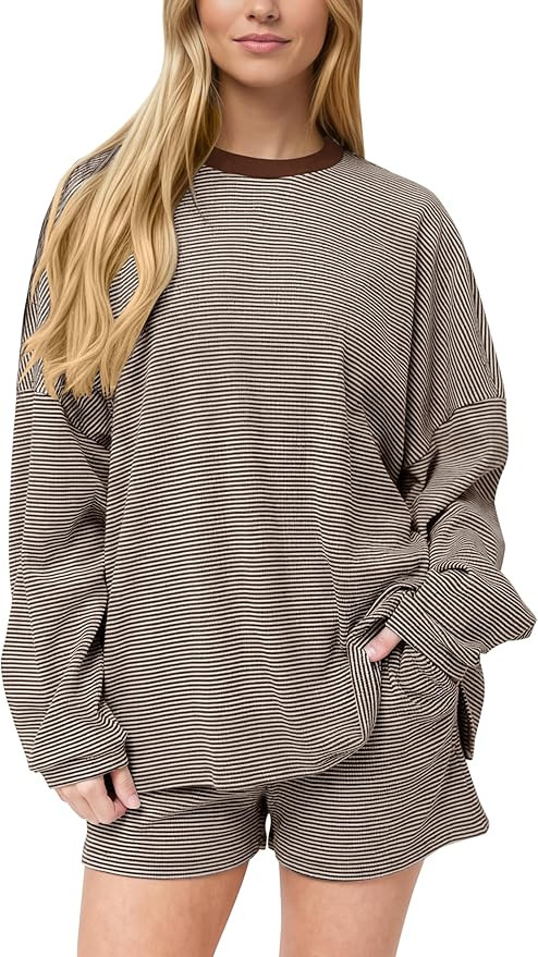 MISSACTIVER Women's Striped Lounge Set Long Sleeve Tee Shirts Drawstring Wide Leg Shorts Matching... | Amazon (US)