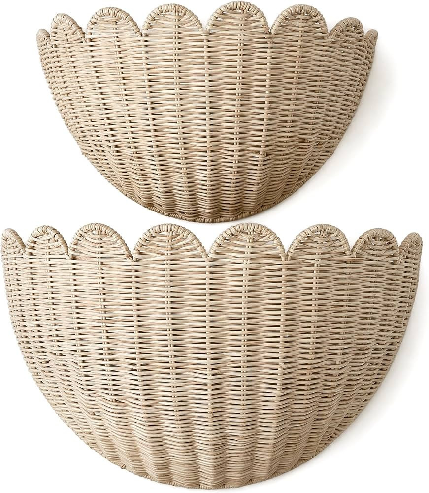 2pcs woven wall baskets,Natural rattan weaving,scalloped wall basket,hanging basket,16" x 10" x 7... | Amazon (US)