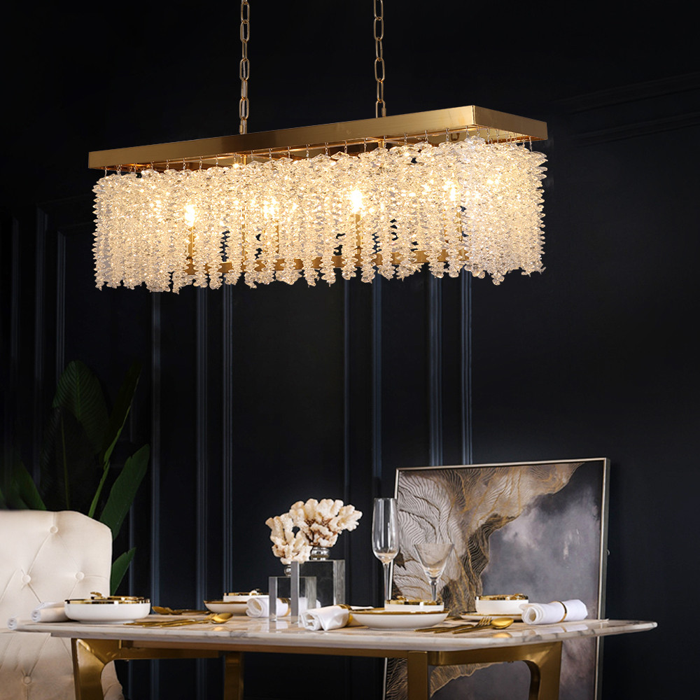 4-Light Modern Rectangle Crystal Chandelier Gold Pendant Light Kitchen Dining Room -Homary | Homary