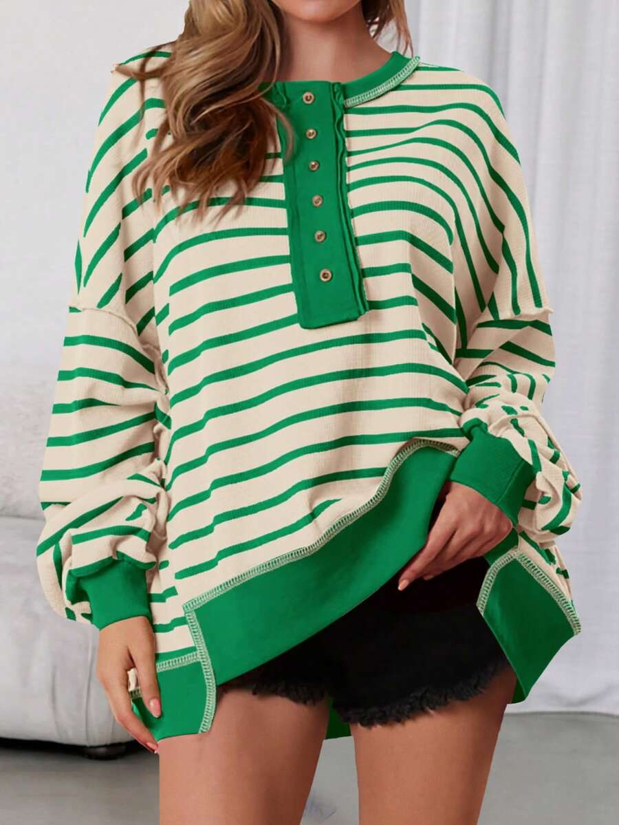 LocalWomens Fall Striped Oversized Sweatshirt Long Sleeve Button Up Henley Neck Waffle Knit Pullo... | SHEIN