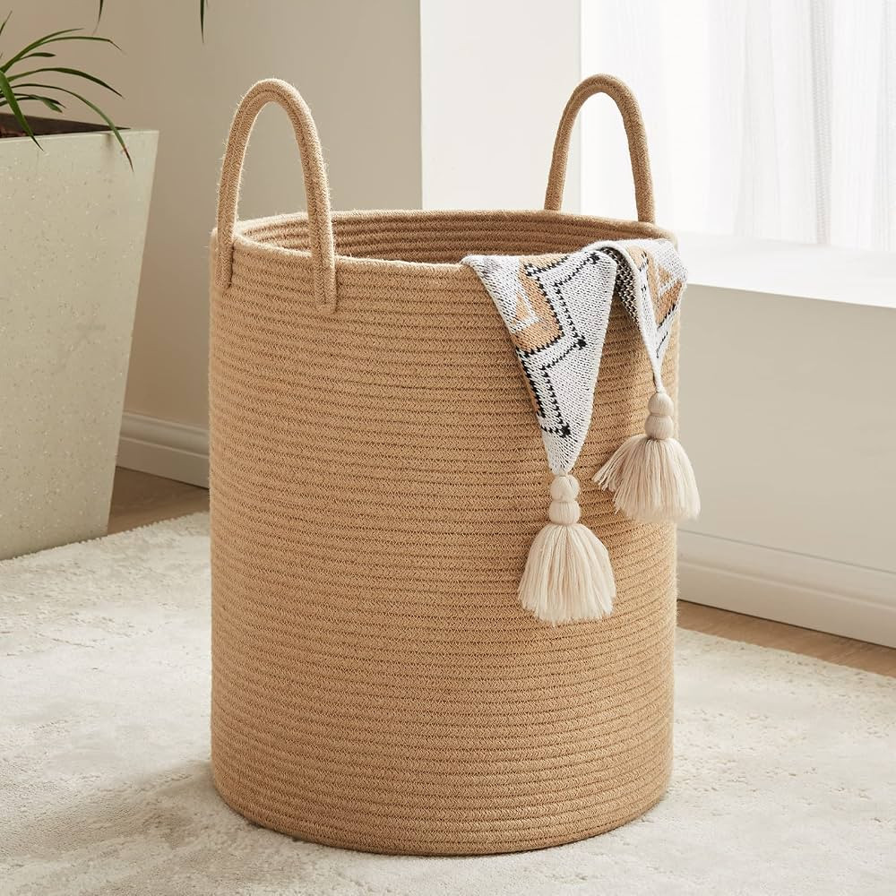Jute Rope Laundry Hamper Basket, 58L Tall Laundry Basket for Blanket Storage, Large Baby Nursery ... | Amazon (US)