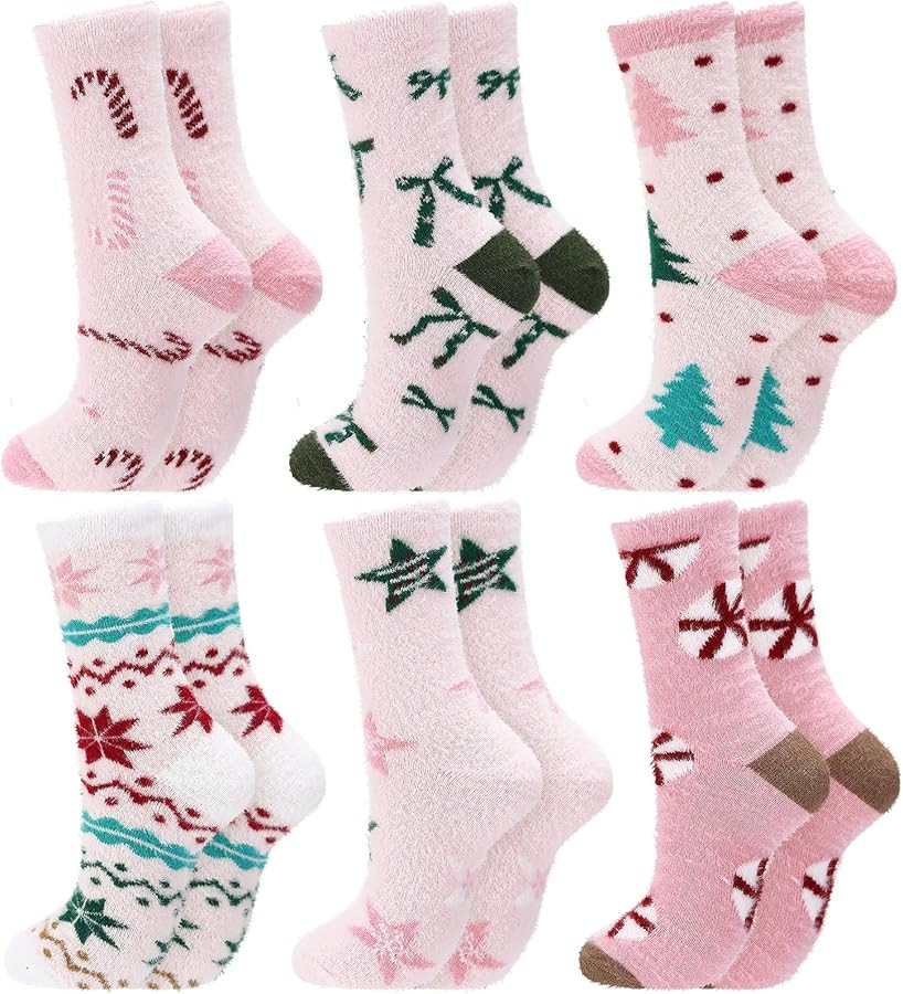 6 Pairs Christmas Fuzzy Socks for Women Winter Warm Fluffy Slipper Cozy Light Pink Sock for Xmas ... | Amazon (US)