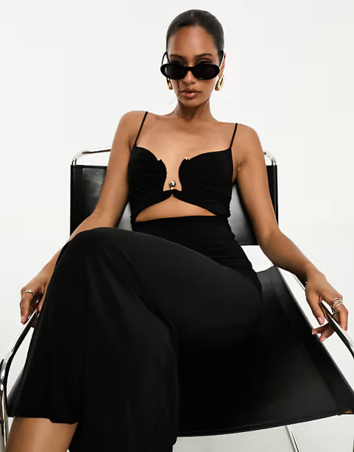 ASOS DESIGN gold trim cut out cami midi in black | ASOS (Global)