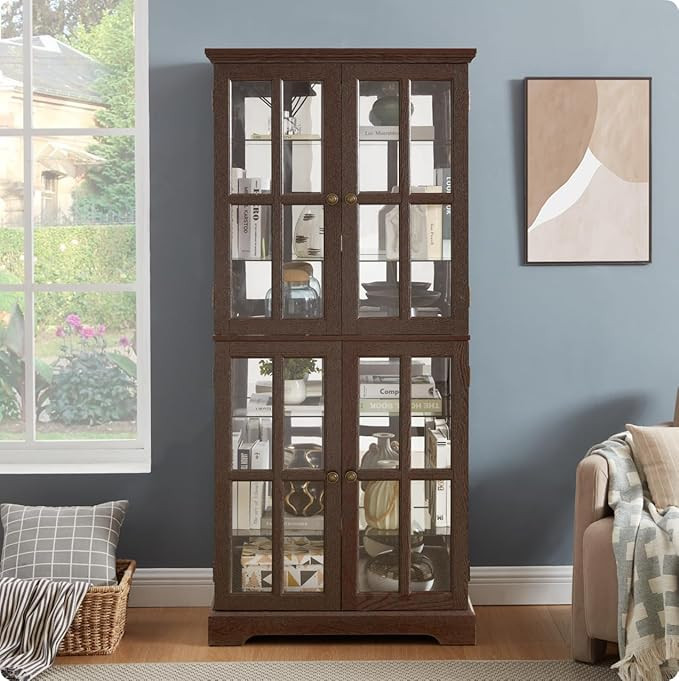 Retro 4-Door Glass Antique Display Cabinet, Glass Cabinet, Adjustable Shelves, E26 Bulbs, for Hom... | Amazon (US)