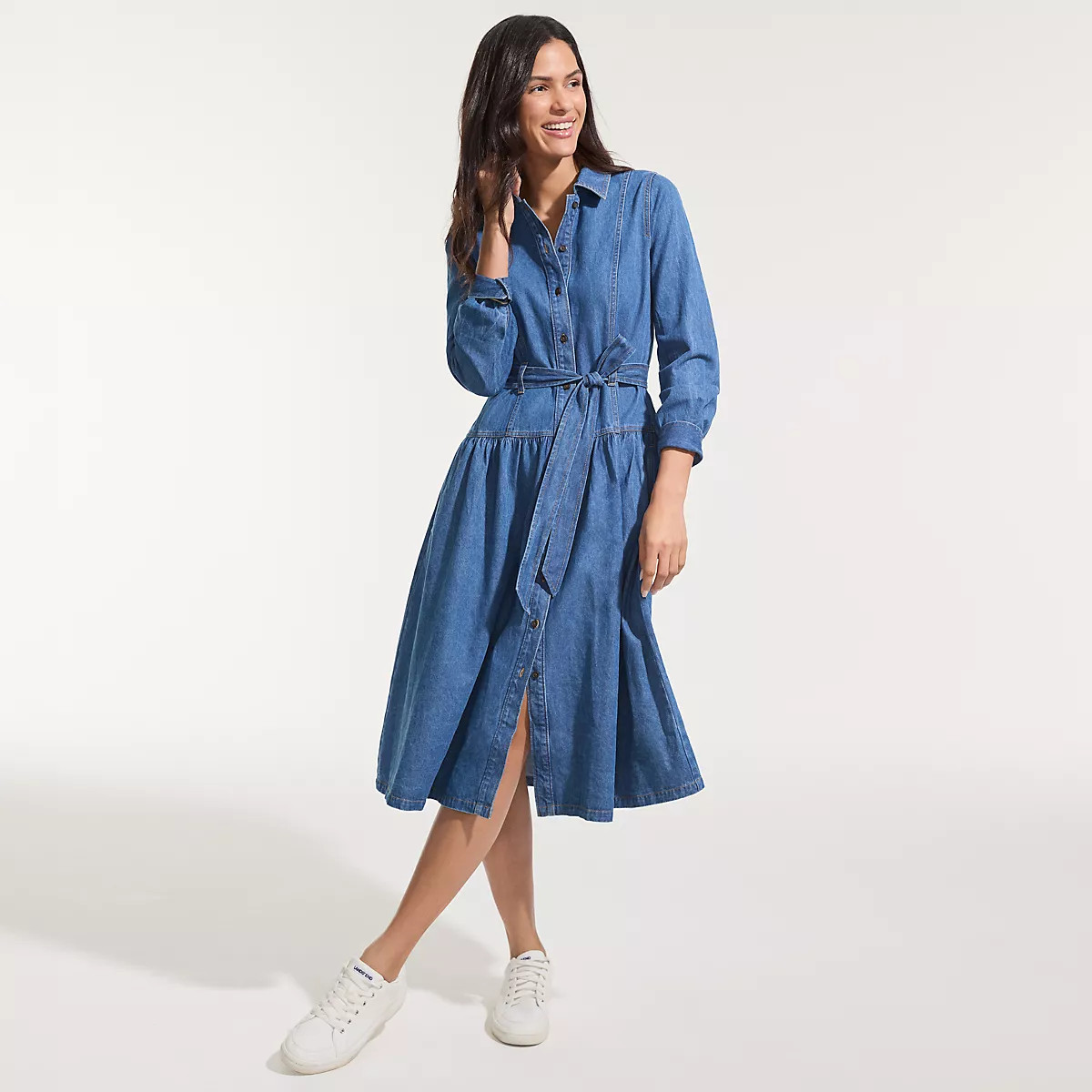 Women's Denim Button Front Midi Shirt Dress | Lands' End (US)