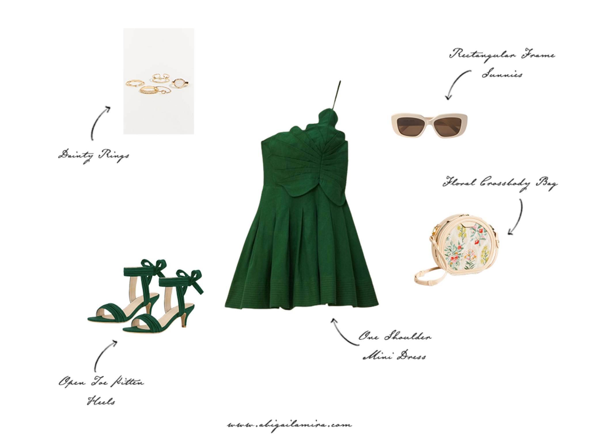 New blog post! Who wouldn't want to wear this mini dress on their next vacation? This gorgeous green mini dress is paired with darling kitten heels, a floral crossbody bag, dainty rings, and amazing rectangular sunglasses. You can wear this outfit to impress your date, go dancing, or visit an art museum. See the full post at www.abigailamira.com

#LTKstyletip #LTKSeasonal #LTKwedding