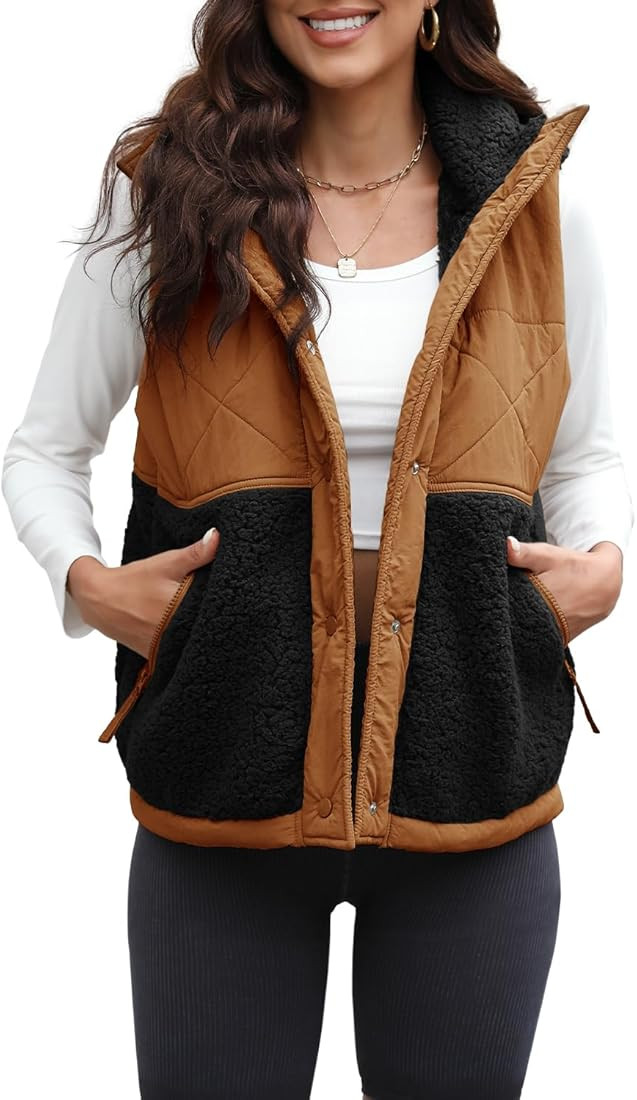 Yanekop Womens Sherpa Fleece Puffer Vest Button Down Quilted Vest Sleeveless Fuzzy Outerwear Hood... | Amazon (US)