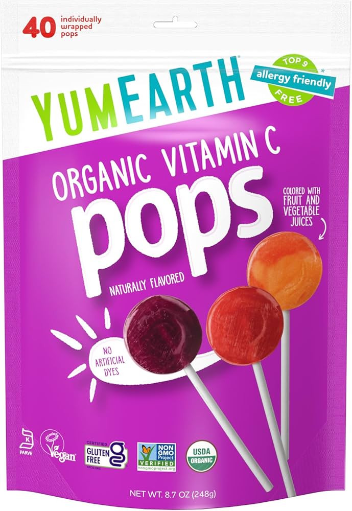 YumEarth Organic Fruit Flavored Vitamin C Pops Variety Pack, 40 Lollipops, Allergy Friendly, Glut... | Amazon (US)