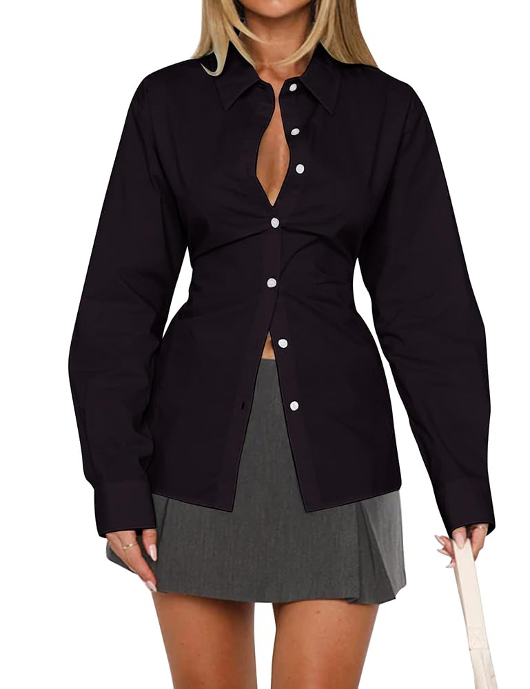 MISSACTIVER Women's Lapel Collar Button Down Shirt Cinch Waist Long Sleeve Casual Work Dressy Tun... | Amazon (US)