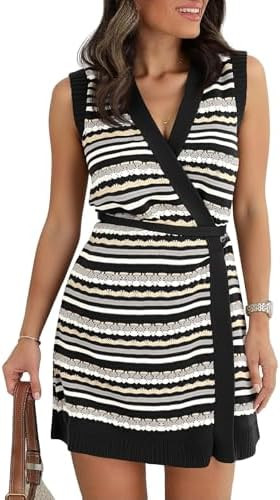 Saodimallsu Womens Wrap V Neck Mini Dress Striped Sleeveless Crochet Knit Tie Waist Beach Boho Co... | Amazon (US)