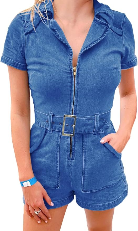 PLNOTME Women's Summer Denim Rompers Zip Up Belted Short Jeans Jumpsuits with Pockets | Amazon (US)