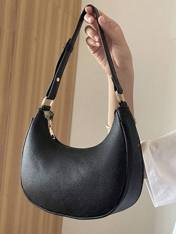 Minimalist Hobo Bag Medium Zipper Black Elegant Women's Shoulder Bag, Simple All-Match Underarm B... | SHEIN