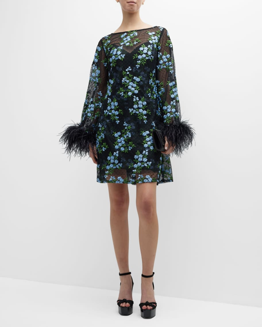 Jovani Floral-Embroidered Feather-Trim Shift Dress | Neiman Marcus
