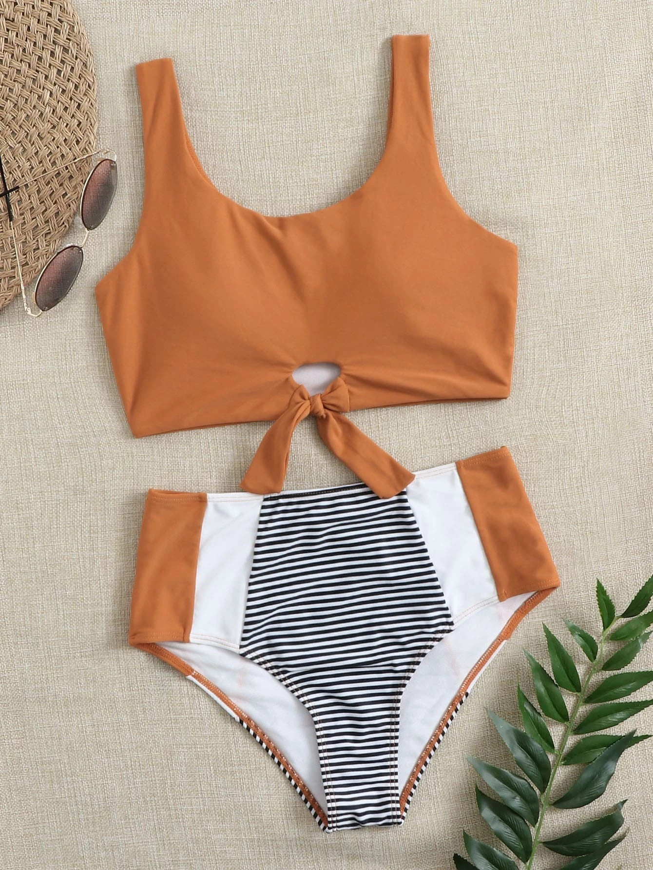 Striped Knot Hem High Waisted Bikini Swimsuit | SHEIN