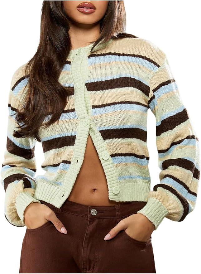 MakeMeChic Women's Striped Cardigan Sweater Button Up Long Sleeve Crew Neck Crop Outerwear | Amazon (US)