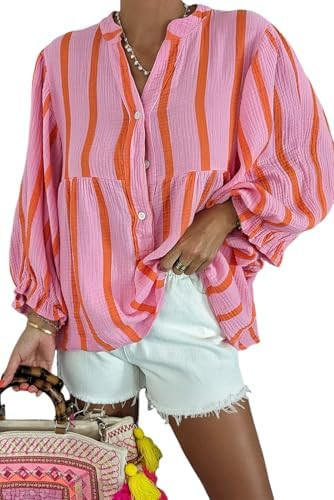 Maketina Women's Casual V Neck Striped Puff Sleeve Blouses Cotton Cute Loose Fit Flowy Oversized ... | Amazon (US)