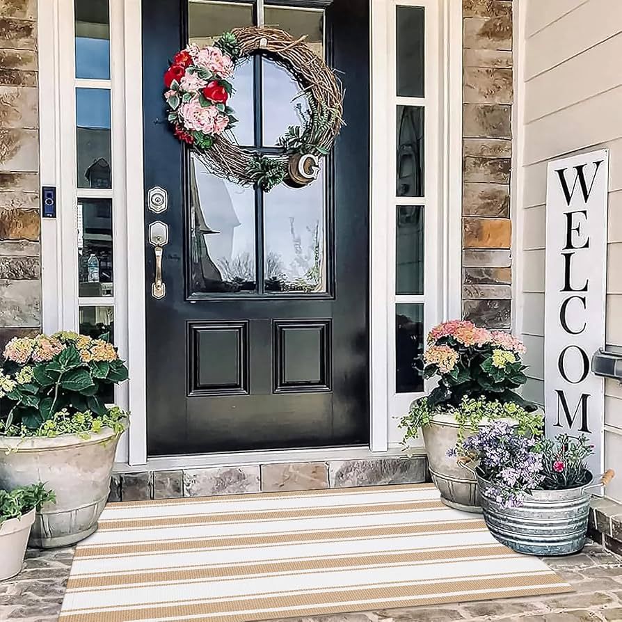 LEEVAN Striped Front Door Mat 2'x4.3', Washable Low Profile Entryway Rug, Reversible Porch Rug, C... | Amazon (US)