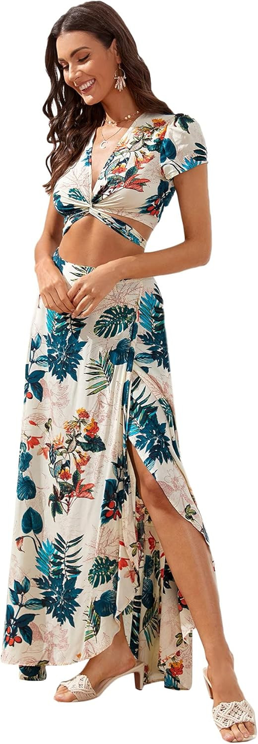 Floerns Women's 2 Piece Boho Twist Front Top and High Split Maxi Skirt Set | Amazon (US)